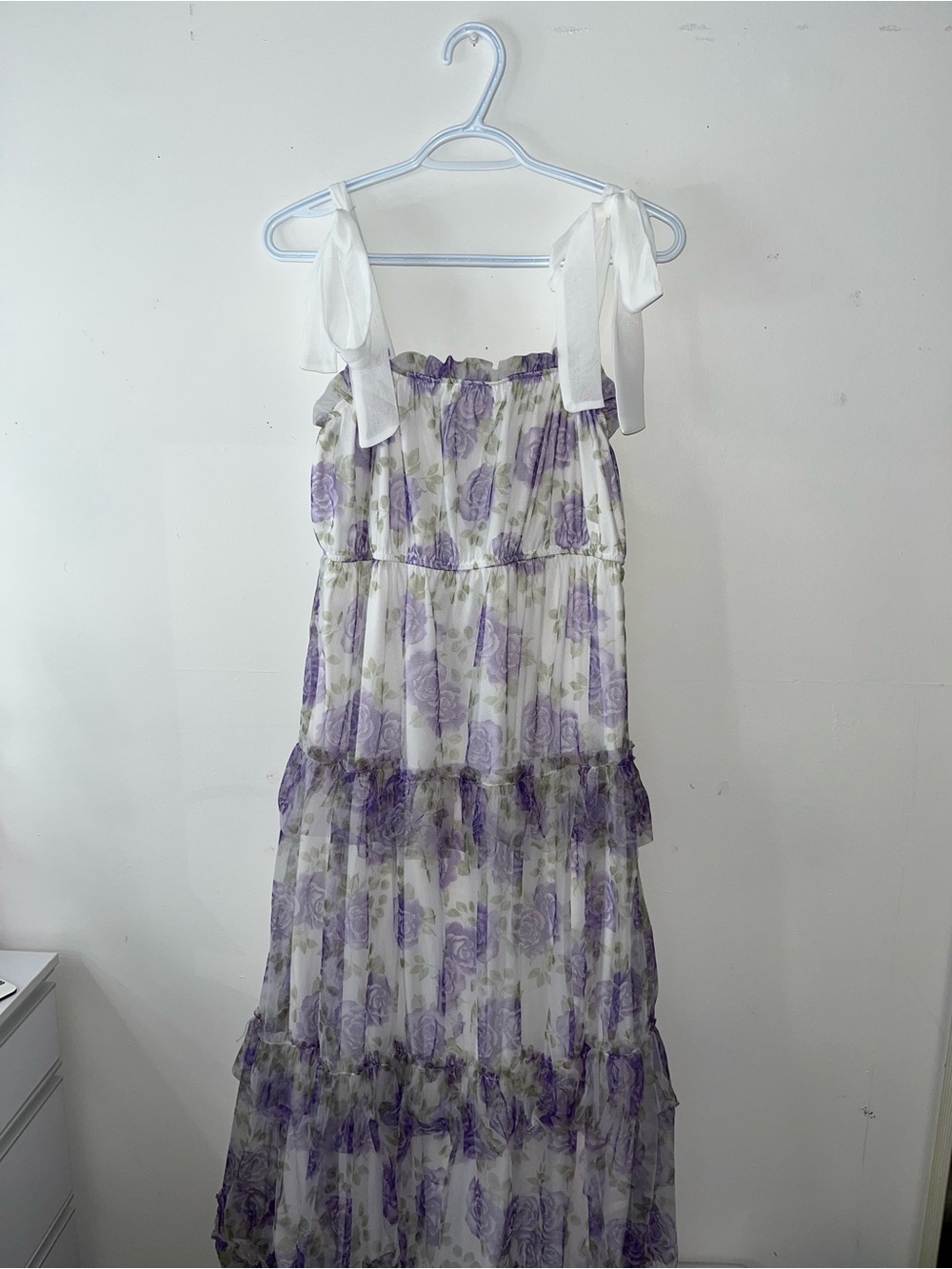 Floral Tie-Shoulder Maxi Dress in Lavender and White